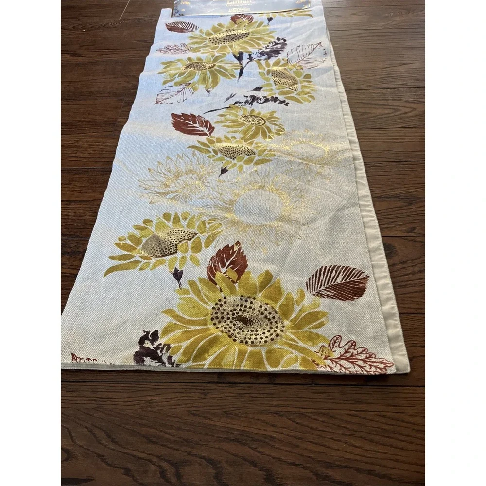 LILLIAN AUGUST Table Runner Fall Sunflowers Gold Metallic Farmhouse 16 X 90